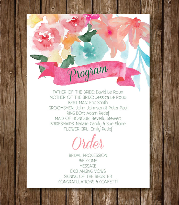 Watercolour Wedding Flower Program Stationery