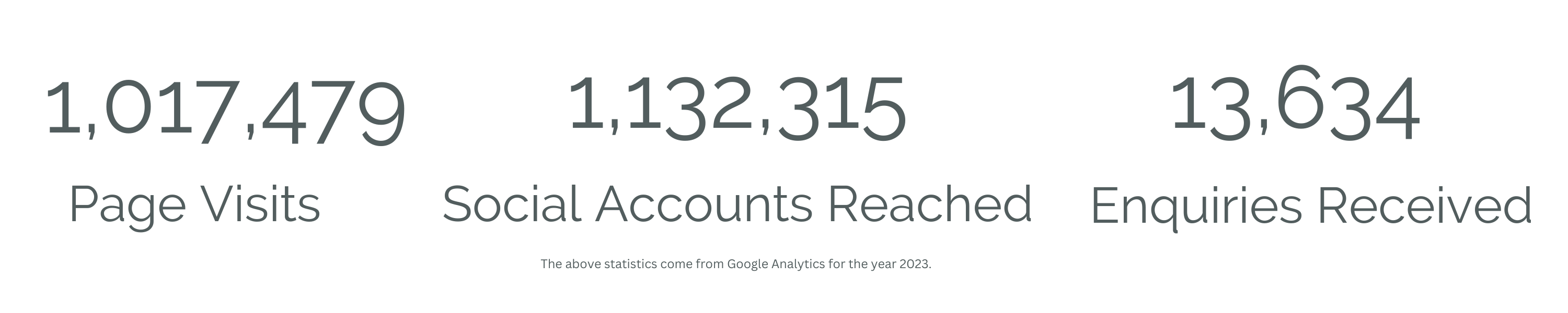 The above statistics come from Google Analytics for the year 2023 containing the number of page visits, social accounts reached and enquiries received. 